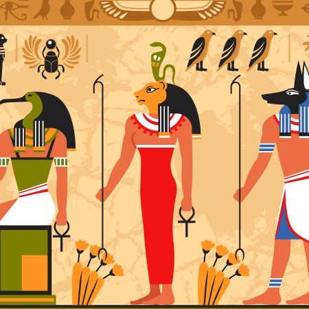 Colored border pattern on egypt theme with ancient egyptian deities and occult symbols flat vector illustration